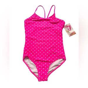 KANU SURF girls CHLOE cross back hot pink polka dot one piece swimsuit NWT